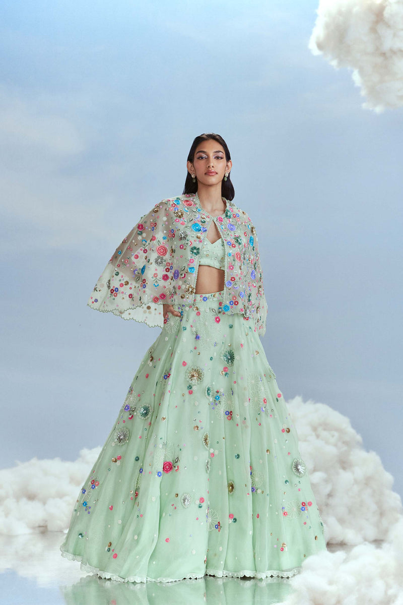 FS/96 Mehtab Bagh Lunar Blossom Cape with Crop Top and Lehenga