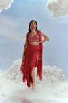 Izmir Carnations Cape with Crop Top and Draped Satin Skirt