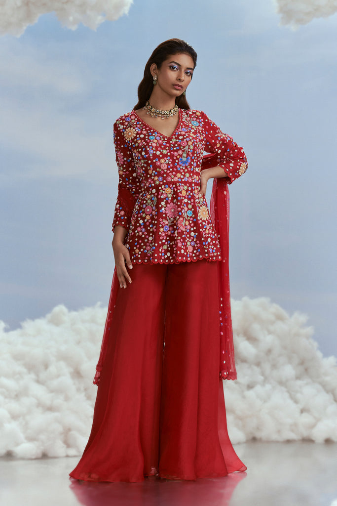 Izmir Carnations Top with Sharara and Izmir Tulle Dupatta