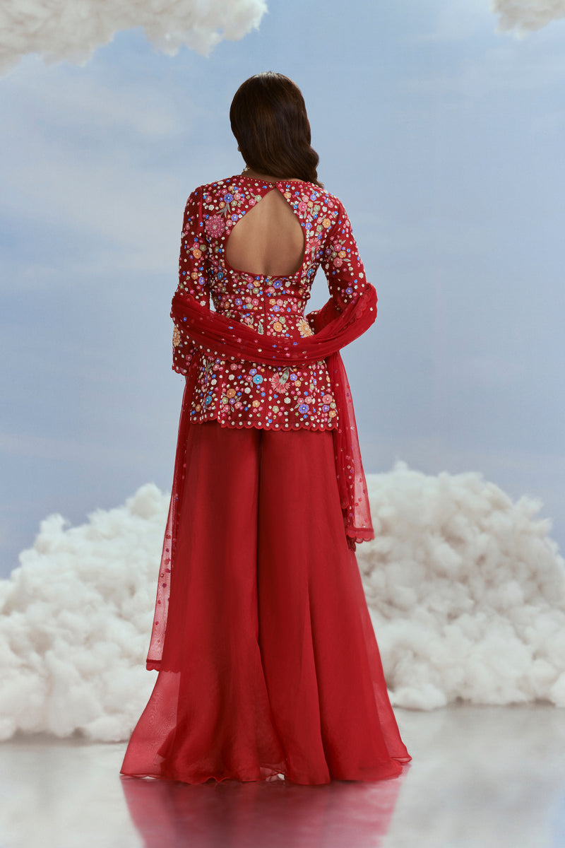 Izmir Carnations Top with Sharara and Izmir Tulle Dupatta