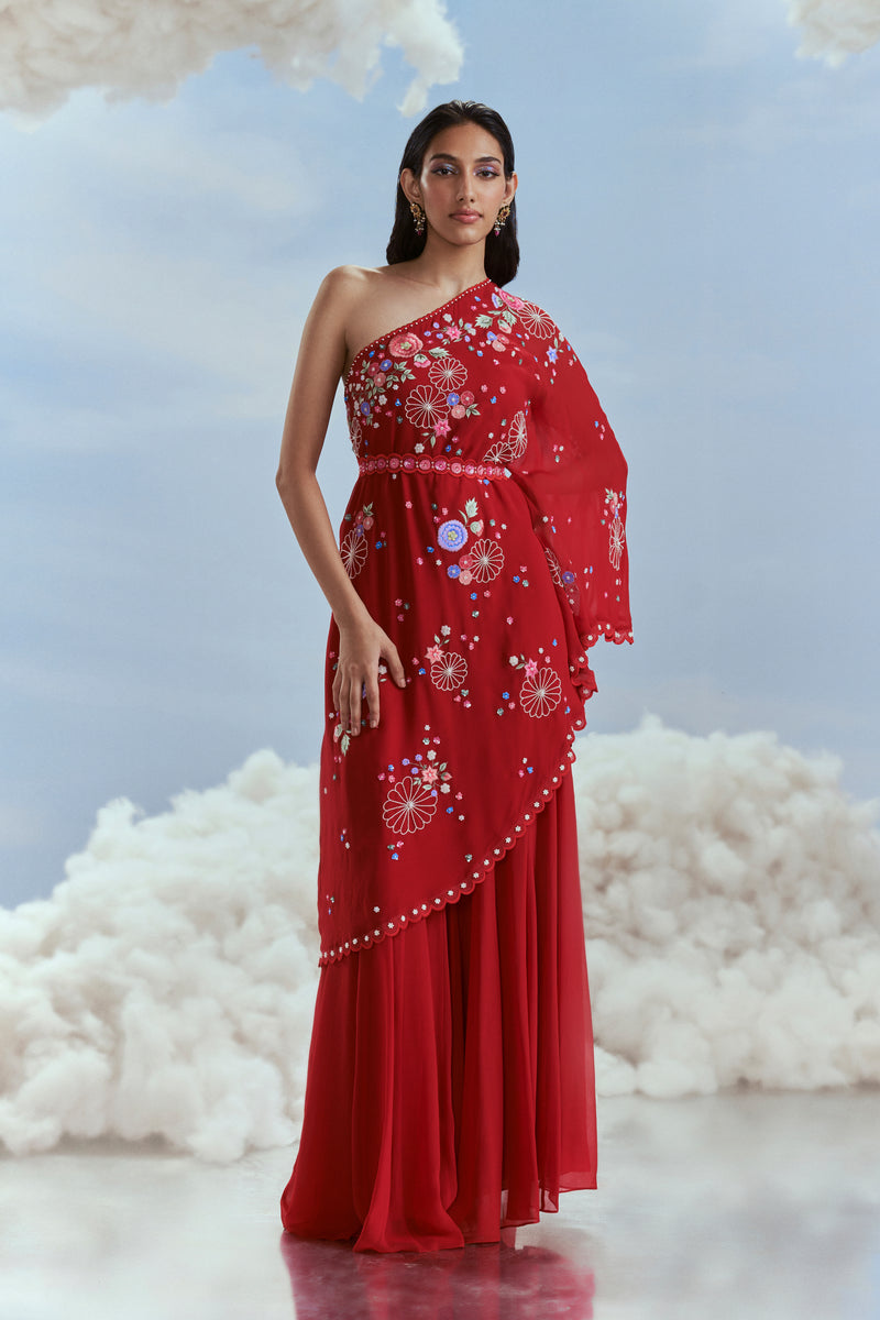 R/37 - Lunar Blossom One Shoulder Kurta with Kalidar Sharara