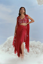 Izmir Carnations Cape with Crop Top and Draped Satin Skirt