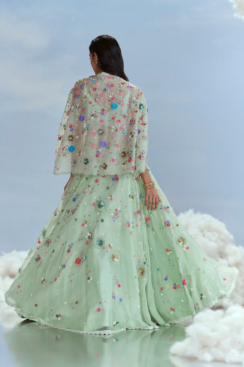 FS/96 Mehtab Bagh Lunar Blossom Cape with Crop Top and Lehenga