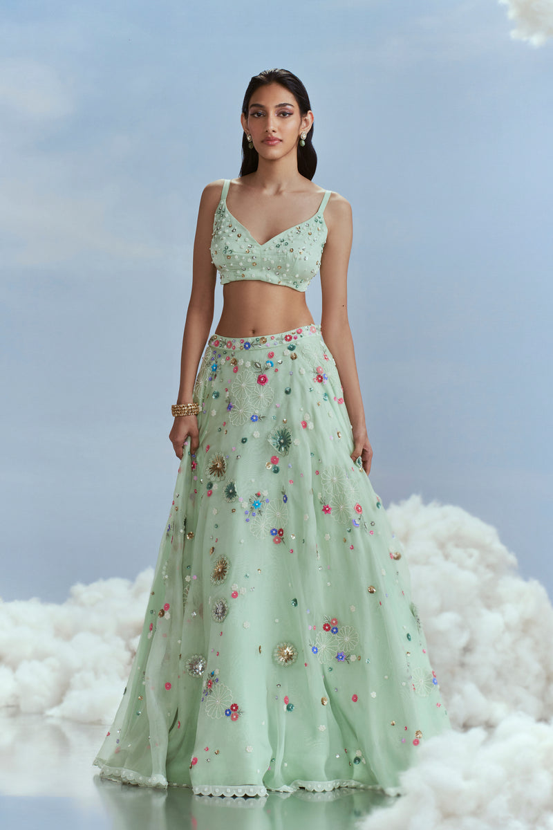 FS/96 Mehtab Bagh Lunar Blossom Cape with Crop Top and Lehenga