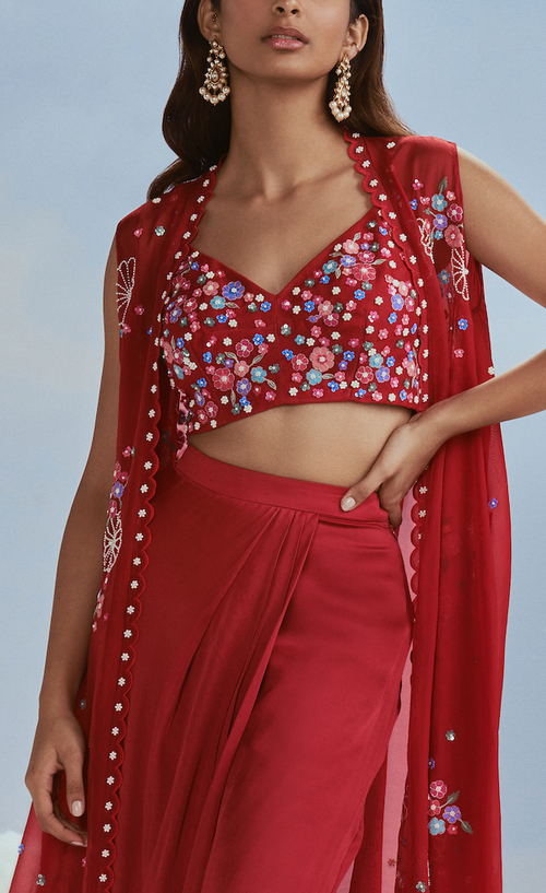 Izmir Carnations Cape with Crop Top and Draped Satin Skirt