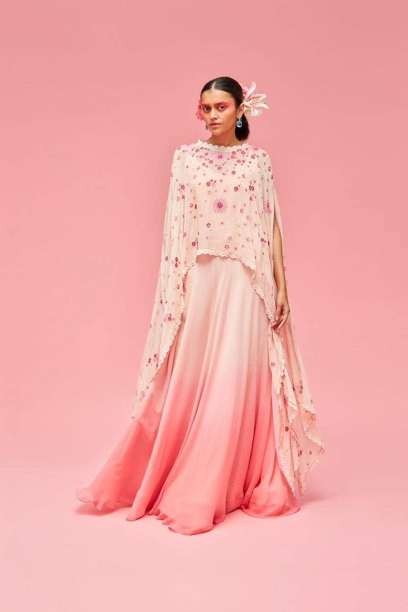 Aisha Maxi Fuchsia Cape Dress with Beading and Crystal Stone Shoulder  Embellishment – unmatchedbyu